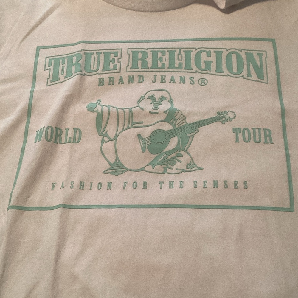 True Religion Cream Tee with Mint Green Logo